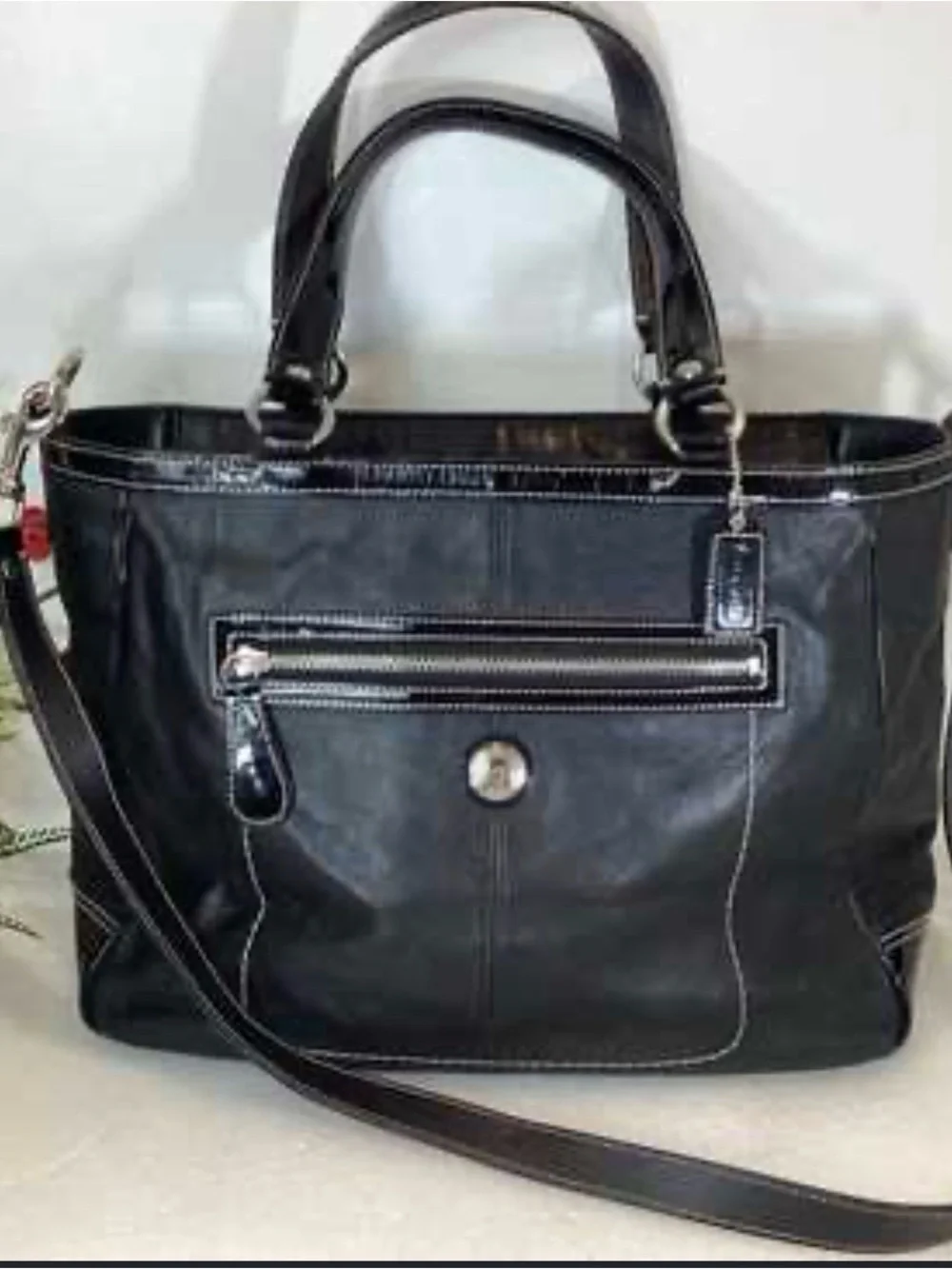 Coach Laura Black Leather Tote with Front Zip Pocket